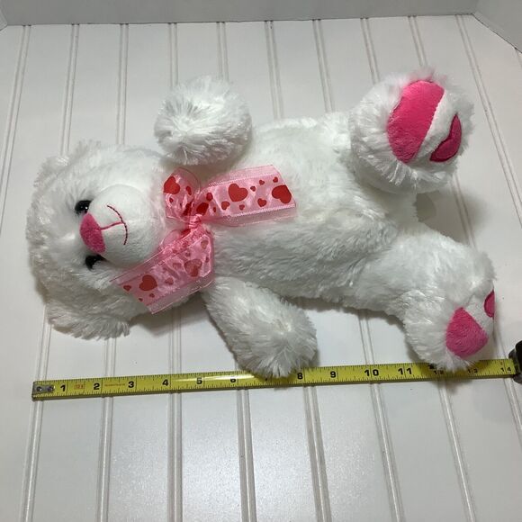 White Teddy Bear 13” Plush Pink Hearts on Feet  and Pink Red Heart Ribbon - Picture 6 of 6